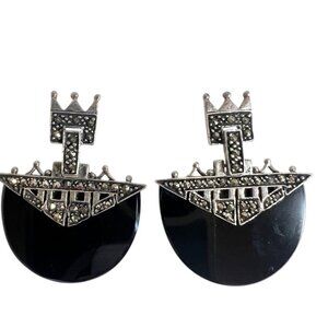 Vtg Large 925 Sterling Silver Crown Post Earrings  Black Onyx Marcasites Accents